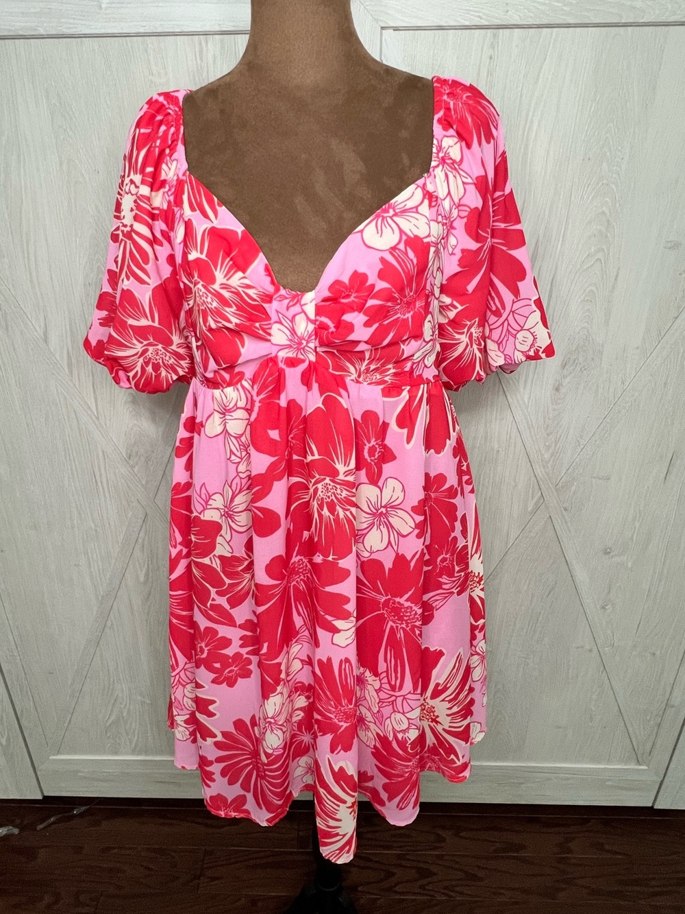 🔥 Flying Tomato Pink Red Floral Puff Sleeve Smocked Mini Dress Large L